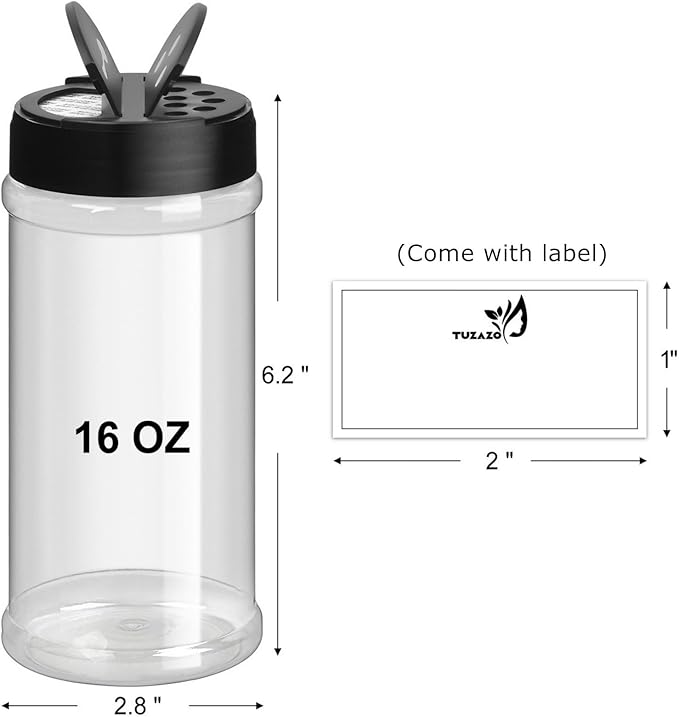 TUZAZO 16 Oz Spice Bottles Plastic Seasoning Containers, 6 PACK Large Plastic Spice Jars with Shaker Lids Empty for Spice & Herbs, Powders, Glitters, BPA Free | Wide Mouth | Dual Flip Tops