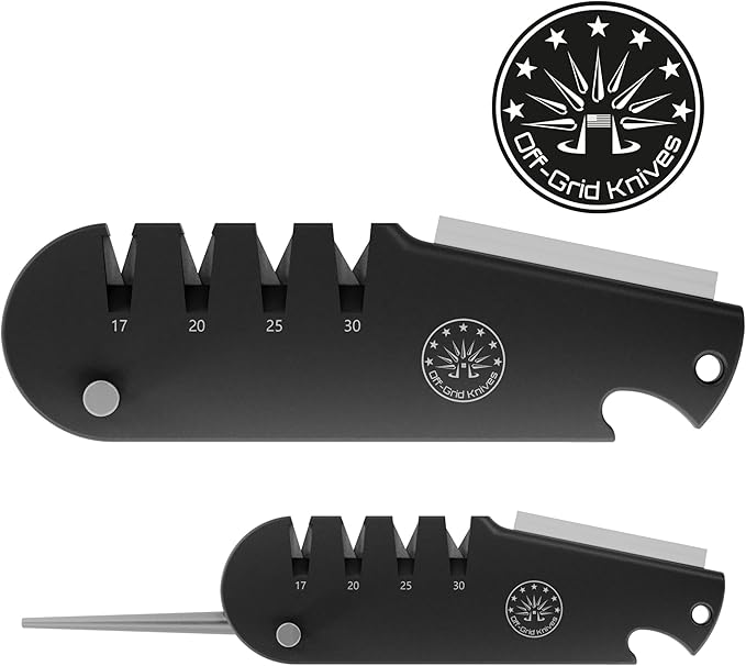 Off-Grid Knives - QuadEdge Knife Sharpener with 4 Angles: 17° | 20° | 25° | 30°, Diamond Rod, Fishing Hook Sharpener, Ceramic Honing Stone – Camping, Fishing, Hunting, Boating (Black)