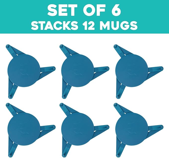 ELYPRO Mug Stacker 6-Pack – Coffee Bar Cup Holder & Cabinet Mug Organizer | Adjustable Stackable Mug Rack for Mugs & Glasses – Compact No Drilling Storage for Small Kitchens – Blue