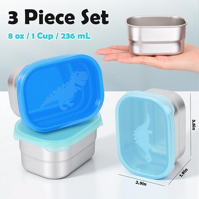 3×8oz Small Stainless Steel Snack Containers for Kids & Toddlers - 230mL Leakproof Food Containers with Cute Dino Lids | LFGB Certified, Stackable Metal Snack Box for Daycare, School, Travel