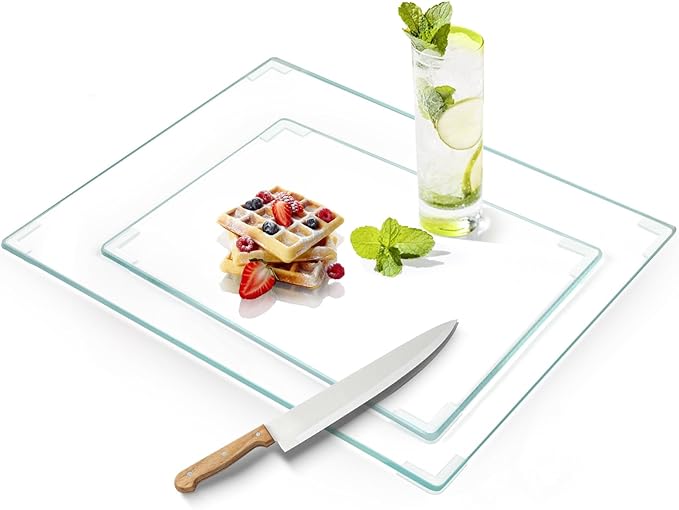 2Pcs Tempered Glass Cutting Board for Kitchen Counter, FAAYUCK Glass Cutting Board with Non-Slip Feet, Heat Resistant, Non-Slip, Scratch Resistant, Shatter Resistant (8"x12"&12"x16")