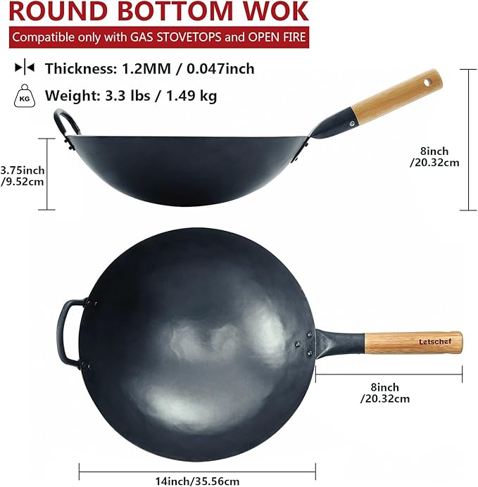 14 inch Carbon Steel Wok with Round Bottom-Free Chemical cookware for Gas Stoves, Open Fire-Hand Hammered Chinese Traditional Wok with Bamboo Handle(No lid included)