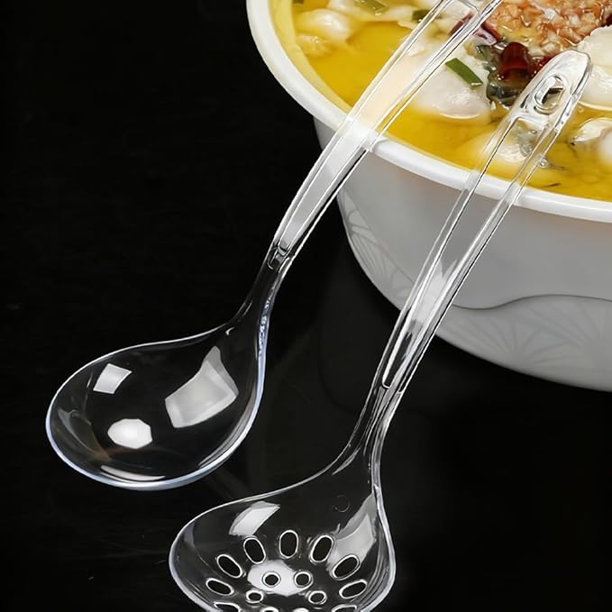 Large Plastic Serving Spoons,Disposable Heavy Duty Serving Spoons,Long Handle Scoop Soup Rice Ladle for Party Catering Buffet Restaurant,20 Pieces (10 Clear Colander +10 Clear Spoon)