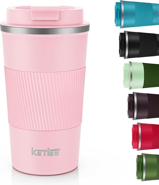 KETIEE 12oz Travel Mug, Insulated Coffee Cup with Leakproof Lid, Travel Coffee Mug Vacuum Stainless Steel Double Walled Reusable Car Tumbler for Hot and Cold Water Tea（Pink）