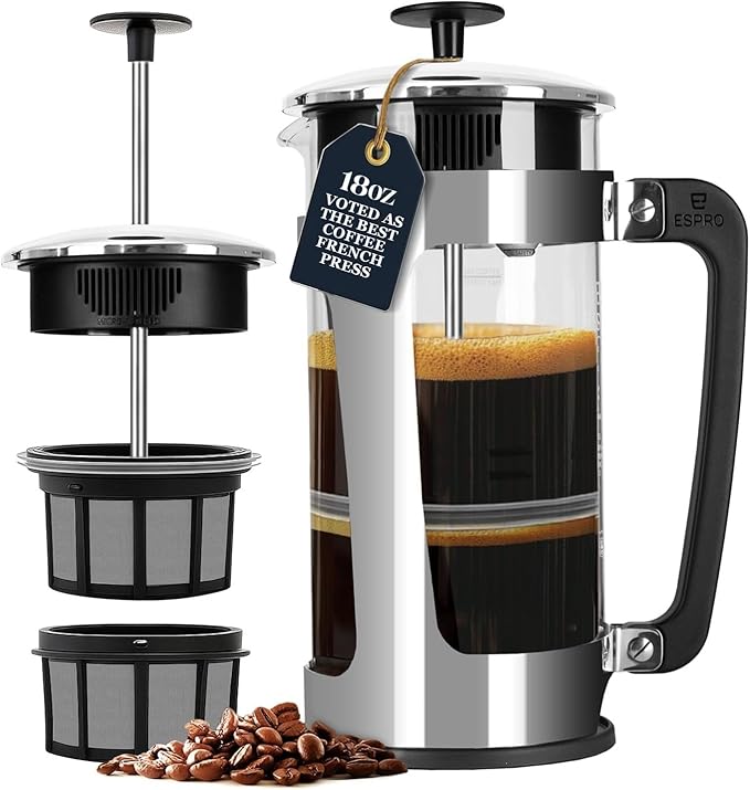 ESPRO P5 French Press Coffee Maker – Patented Double Micro-Filter for Grit Free Brew, Heat-Resistant Thicker Borosilicate Glass Coffee Press – (18 oz)