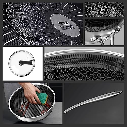 14" Honeycomb Non Stick Wok Pan Stainless Steel Stir-fry Wok with Lid,Skillet with Stay-cool Handle PFOA Free Suitable for Induction, Ceramic, Electric, and Gas Cooktops (Sliver, 14 Inches)