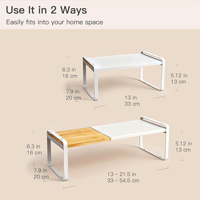 Expandable Cabinet Shelf Organizer & Spice Rack, Stackable Kitchen Counter Riser with Anti-Slip Legs, Bamboo Cupboard Storage for Dish, Plate & Canned Food, Small Shoe Rack for Closet (White)