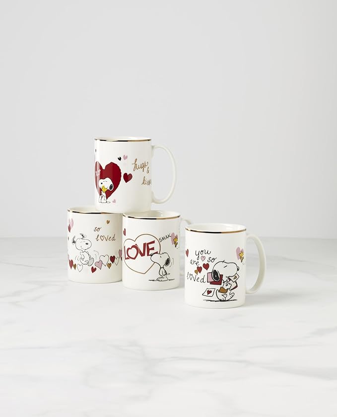 Lenox 897219 Snoopy Valentines Day Mugs, Set of 4, Assorted