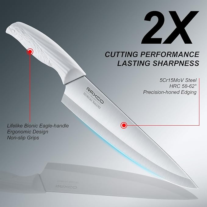 RAXCO Knife Set,15-Piece Stainless Steel Kitchen Knives with Block for Professional Cutting,White