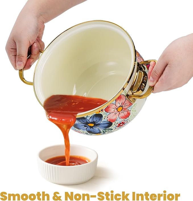 SOUJOY 3 Quart Enamel Cooking Pot with Glass Lid, Non-Stick Soup Pot with Handle, Vintage Floral Bean Stew Simmer Pot for Kitchen, Induction & Gas Stove Safe, Mother's Day, Wedding, Christmas Gift