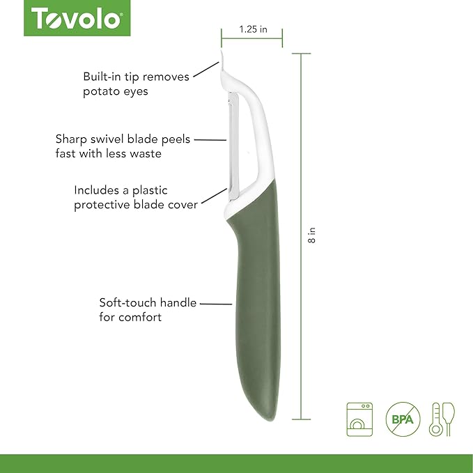 Tovolo Vegetable Peeler with Ultra Sharp Stainless Steel Swivel Blade Non Slip Handle, Multi Functional Dishwasher Safe Kitchen Wide Ribbon Potato Peeler for Fruit Veggies Carrots Apples, Thyme Green
