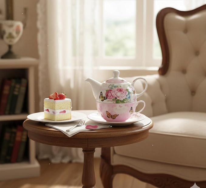 ONEUSTAR Tea for One Set Ceramic Floral Teapot and Cup Saucer Set for Women Afternoon Tea Mother's Day Gift in Reusable Gift Box, Pink Rose Flower