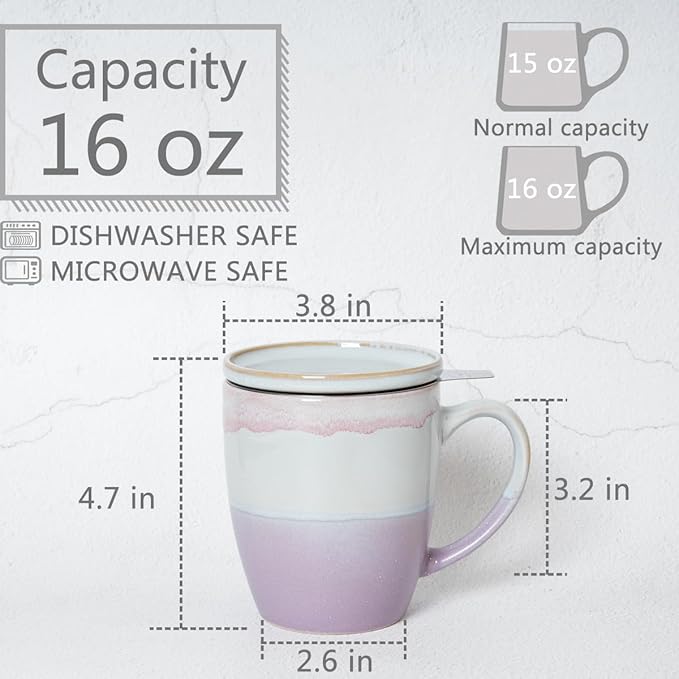 Bosmarlin Ceramic Tea Cup with Infuser and Lid, 16 Oz, 4 Colors to Choose, Dishwasher and Microwave Safe, Steeping Tea Mug with Strainer, Reactive Glaze, (Purple)