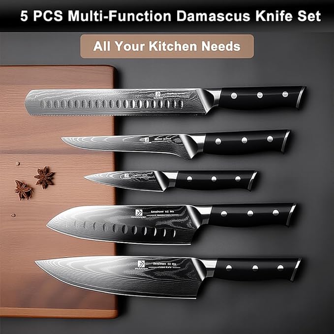 5-Piece Damascus Chef Knife Set: High Carbon Stainless Steel, Professional Ultra Sharp Kitchen Knife Set with Ergonomic Black Handle - Chef/Santoku/Paring/Bread/Brisket/Boning Knives in Gift Box