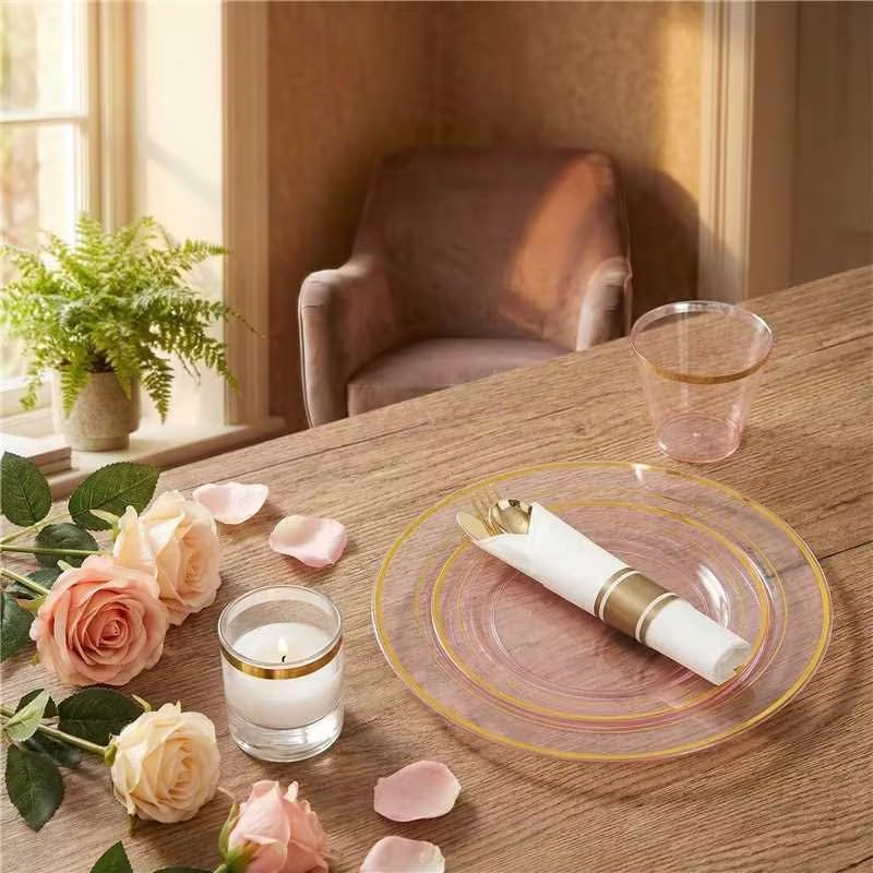 WELLIFE 350Pcs Clear-Pink Plastic Dinnerware- Pink and Gold Plastic Dinnerware include 50 Dinner Plates, 50 Dessert Plates, 150 Gold Silverware, 50 Cups and 50 Napkins Perfect for Parties