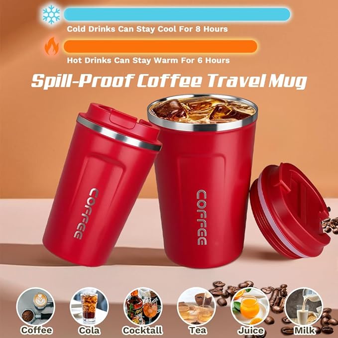 Travel coffee mugs leak-proof, reusable coffee cup with lid, stainless steel vacuum insulated coffee tumblers, thermal insulation cups for men & women keep drinks hot & cold (2nd-Red, 12OZ)