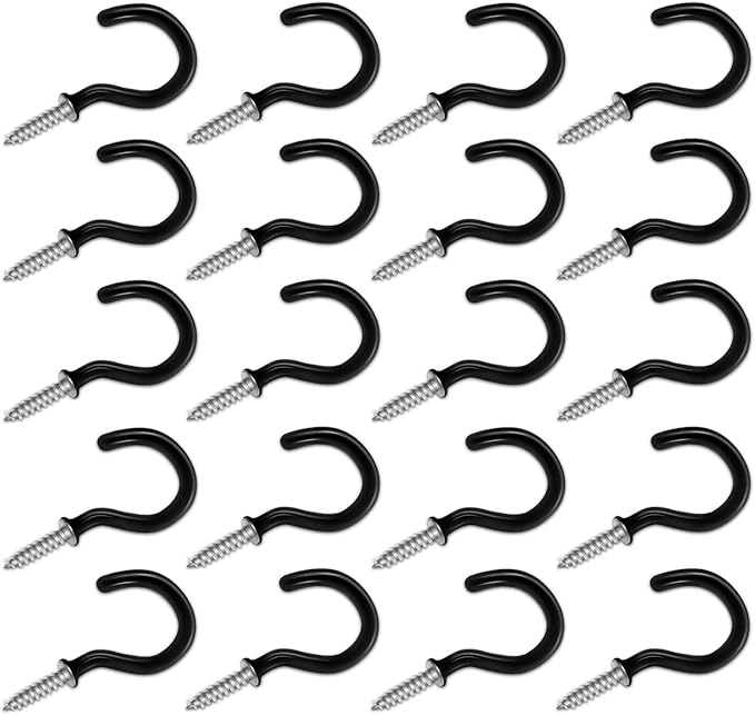 2" Black Vinyl Coated Screw-in Hooks, Ceiling Hooks Wall Hooks Hanging Hooks Kitchen Hooks Indoor Outdoor for Cups Decors Plants Utensils Lights Baskets Wreaths, 20 PCS