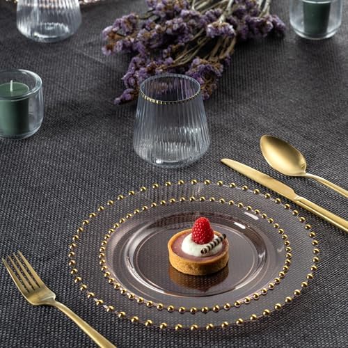 PLASTICPRO 128 Piece Combo Plastic Dinner Plates Disposable Plastic Fancy Heavy Duty Party Dishes 7 inch and 10 inch, Translucent Rose and Gold Beaded