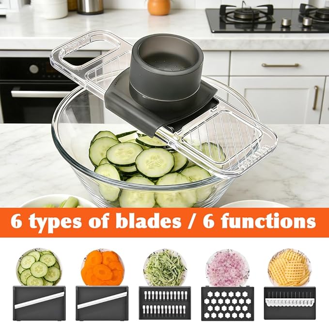 Multifunctional Mandoline Slicer,6-in-1 Adjustable Blade,Transparent Vegetable Cutter with Safe Hand Guard,Easy-Clean & Compact Storage for Salad Prep, Chips, Fruits & Daily Cooking