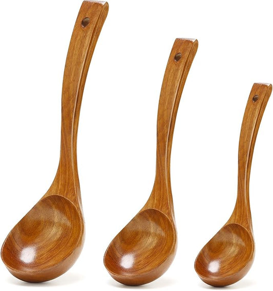 3 Pack Wooden Ladles for Serving Spoon Soup Ladle Wood Spoons for Cooking Ladel Large Spoon Kitchen Tools Ladles Big Spaghetti Spoon Laddle Non Toxic Soup Spoons Teak deep Ladle