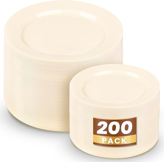 WDF 200PCS Ivory Plastic Plates - Elegant Ivory Disposable Plates for Party- Include 100 Dinner Plate 10inch and 100 Plastic Dessert Plate 7inch Perfect for Party Baby Shower Wedding Spring