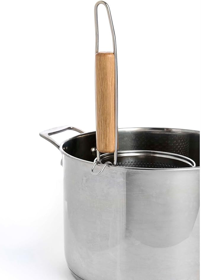 Helen's Asian Kitchen Deep Noodle Spider Strainer, 5.3-Inch Pierced 18/8 Stainless Steel Basket With Wood Handle, For Noodles, Dumplings, Wontons, Deep Frying, And Draining Tasks