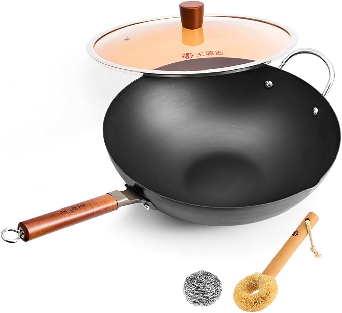 WANGYUANJI 14.2" Heavy Duty Carbon Steel Wok (Seasoning Required), Extra Large Refined Iron Stir Fry Pan for 4-6 People, Uncoated Flat Bottom Induction Wok