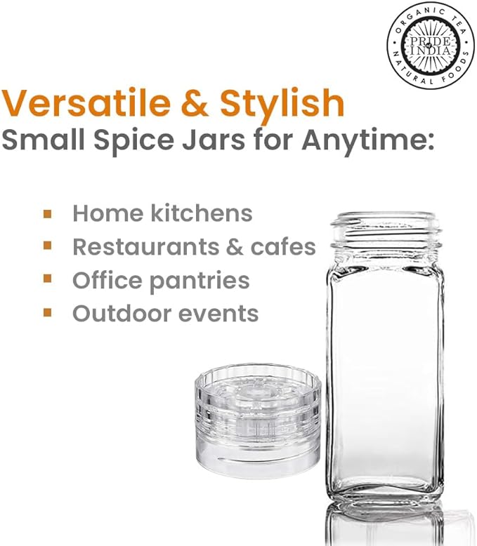 Pride Of India 4 oz Glass Spice Jars with Grinder – Pack of 6 | Clear Square Spice Shaker Set with Adjustable Grinder Cap | Small Jars with Lids for Salt, Pepper, Herbs & Seasoning Storage