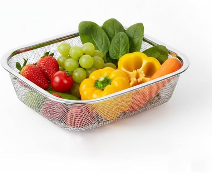 18/8 Stainless Steel Colander Strainer for Kitchen, Rectangular Colander for Pasta, Vegetables, Fruits, Rustproof & Dishwasher Safe (8.27 x 6.69 x 2.17 inch)
