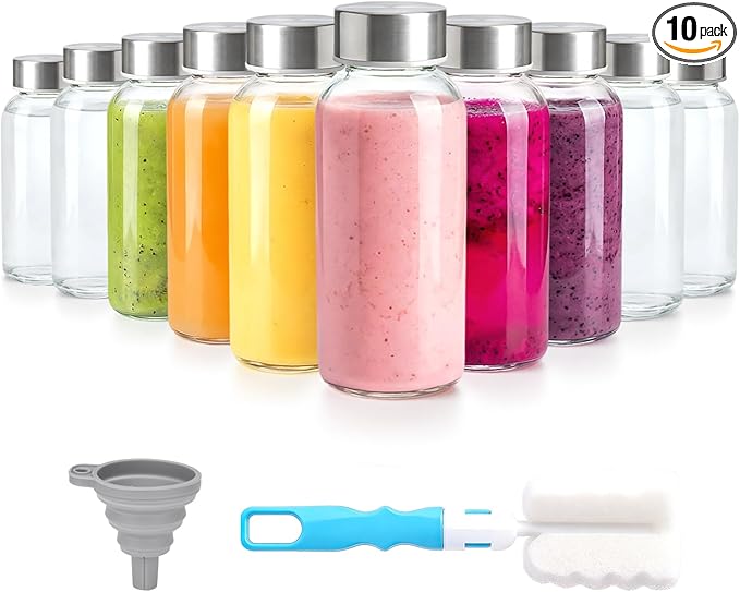 Zukro 8 oz Glass Water Bottles with Lids, Reusable Clear Juice Bottles With Stainless Steel Airtight Cap for Juicing, Ginger Shot, Milk, 250ml Leak Proof Small Smoothie Container, BPA Free, Set of 10