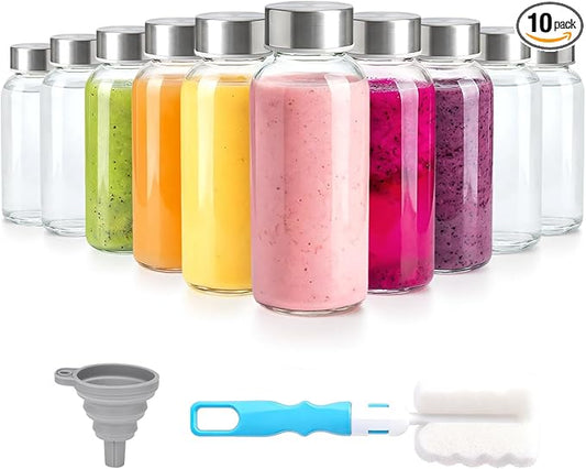Zukro 8 oz Glass Water Bottles with Lids, Reusable Clear Juice Bottles With Stainless Steel Airtight Cap for Juicing, Ginger Shot, Milk, 250ml Leak Proof Small Smoothie Container, BPA Free, Set of 10