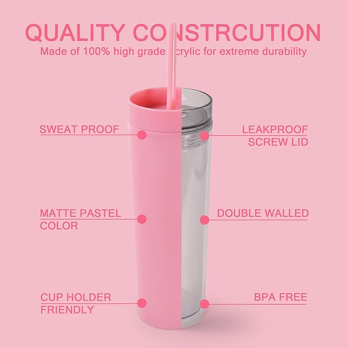 sweet grain Skinny Tumblers with Lids and Straws(6 Pack) - 16oz Matte Pastel Colored Skinny Acrylic Tumblers, Double Wall Plastic Tall Skinny Tumblers Bulk for Cold Hot Drinks - Pink