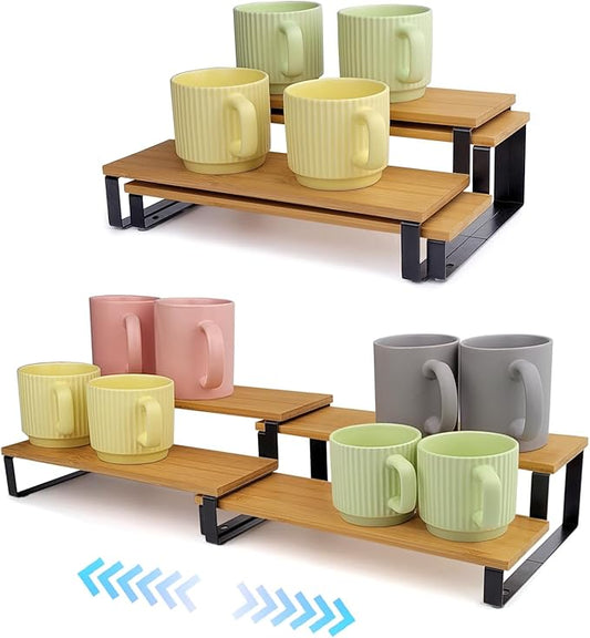 2-Tier Expandable Coffee Mug Holder for Cabinet, Black Metal & Bamboo Cup Organizer Rack, Kitchen Counter Shelf for Spices & Tea, Coffee Bar Accessories Storage, Sturdy Pantry Insert (Natural)