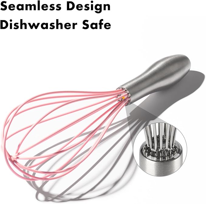 10-Inch Pink Silicone Whisk, Heat Resistant 480°F Kitchen Whisk with Stainless Steel Ergonomic Handle, Non-Scratch for Nonstick Cookware, Dishwasher Safe, Perfect for Blending, Cooking & Beating