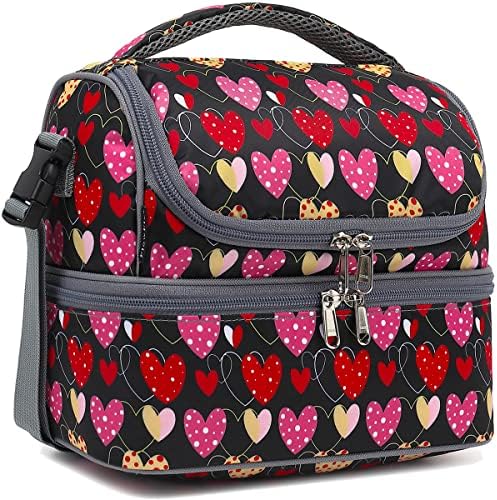 FlowFly Double Decker Cooler Insulated Lunch Bag Large Tote for Boys, Girls, Men, Women, With Adjustable Strap,Heart