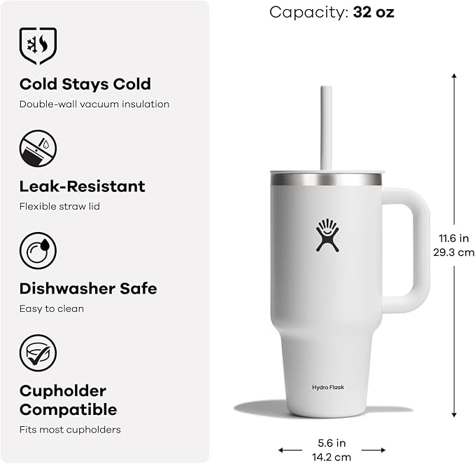 Hydro Flask Travel Tumbler with Handle, Lid and Straw - Insulated Stainless Steel in 32 Oz Dew