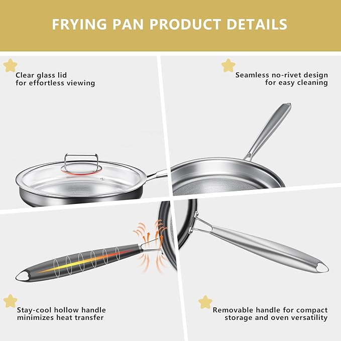 Tri-Ply Stainless Steel Frying Pan, Compatible with All Cooktops Up to 600℉, Large Frying Pan with lids, Induction-Ready Skillet, Dishwasher and Oven Safe, Even Heat (12.4 Inch)