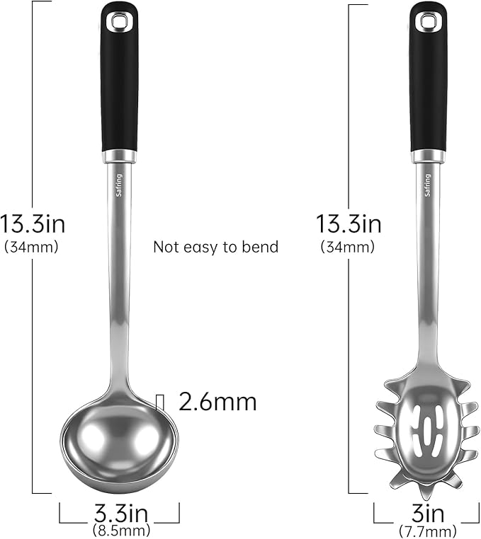 Stainless Steel Soup Ladle and Spaghetti Spoon Set, Heat Resistant Rubber Handle, Dishwasher Safe, Kitchen Utensils for Cooking, Stirring, Serving Pasta, Soup & Sauce (black)