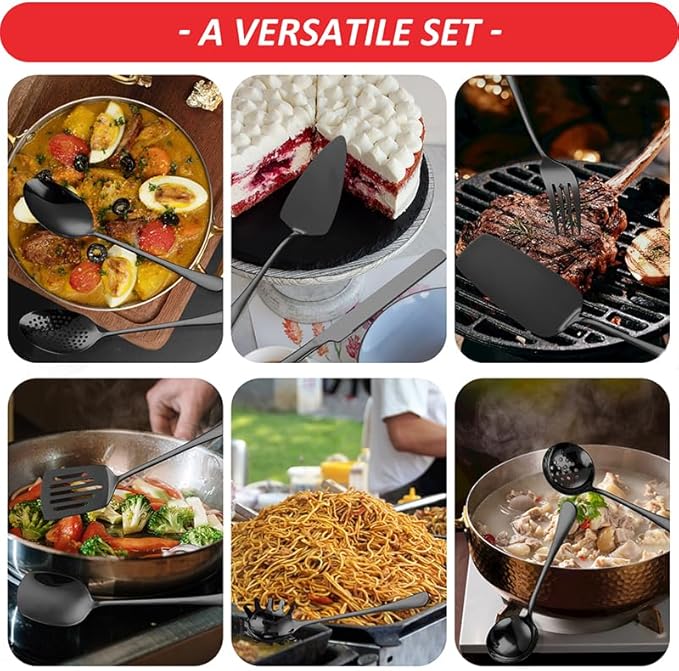 Black Stainless Steel Kitchen Utensils Set 11 Pcs Cooking Utensils Hostess Serving Heat Resistant Kitchen Essentials Metal Kitchen Gadgets Accessories,for Buffet,Wedding,Party Dishwasher Safe