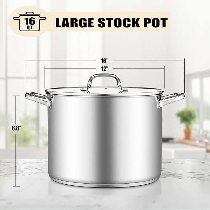 TeamFar 16QT Stock Pot, Stainless Steel Stockpot Large Induction Cooking Pot with Lid & Tri-ply Bottom, for Soup Seafood Cooking, Sauce Canning, Non Toxic & Heavy Duty, Various Stovetops Suitable