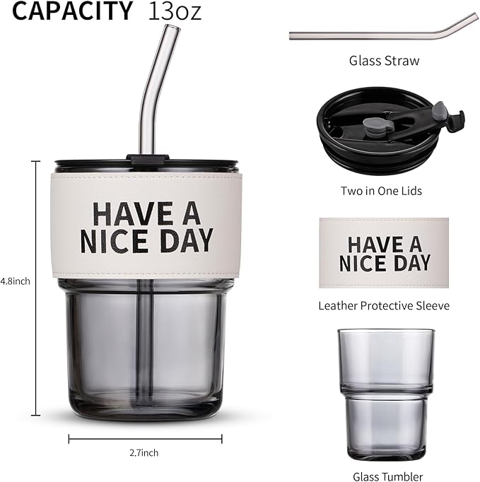 13oz/400ml Glass Water Tumbler with Straw and Lid Sealed Carry on Thick Wall Iced Coffee Cup for Water, Iced Tea, Fruit Juice (Have a Nice Day)