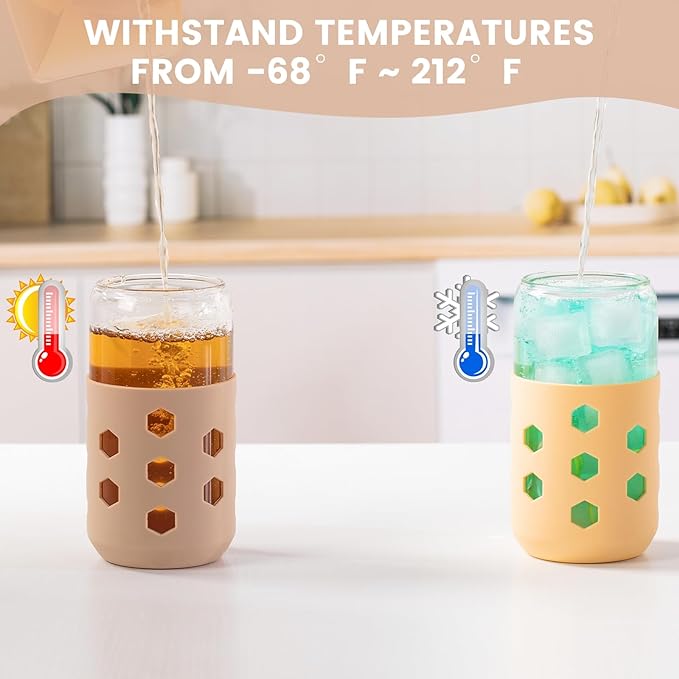 Glass Cups with Lids and Straws (4 Pack), 16oz Drinking Glasses Set with Silicone Sleeves for Coffee Bar Accessories Iced Coffee Cups with Lids, Glass Tumbler Reusable for Gifts