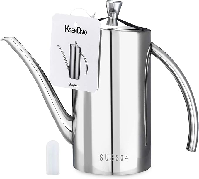 KSENDALO Premium SUS304 Stainless Steel Olive Oil Bottle Dispenser & Kitchen Cruet (500ML/17oz) - Leakproof Oil Bottle with Spout & Arcuate Handle, Ergonomic ONE-Piece Body with Precision Pouring
