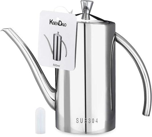 KSENDALO Premium SUS304 Stainless Steel Olive Oil Bottle Dispenser & Kitchen Cruet (500ML/17oz) - Leakproof Oil Bottle with Spout & Arcuate Handle, Ergonomic ONE-Piece Body with Precision Pouring
