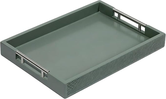Serving Tray with Polished Metal Handles, 16.5''x12'' Rectangle Coffee Table Tray, Modern Decorative Tray, Large Ottoman Tray, Perfect for Storage and Display (Grey)