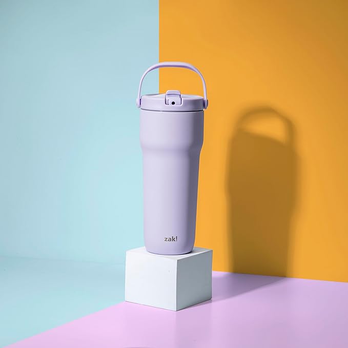 Zak Designs Sutton Travel Tumbler for On the Go, 30oz Stainless Steel with Vacuum Insulation, Straw Spout, Carry Handle for Cold Drinks (Smoky Lilac Purple)