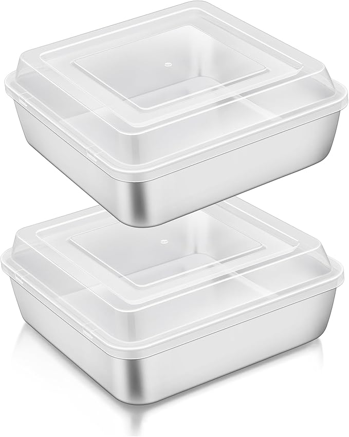 TeamFar 6 x 6 Inch Square Cake Pan, Stainless Steel Square Baking Pan with Lid for Brownie Lasagna, Non-Toxic & Heavy Duty, One-Piece & Smooth, Dishwasher Safe & Easy Clean (2 Pans + 2 Lids)