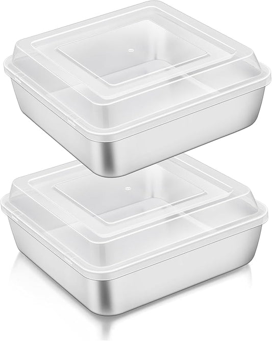 TeamFar 6 x 6 Inch Square Cake Pan, Stainless Steel Square Baking Pan with Lid for Brownie Lasagna, Non-Toxic & Heavy Duty, One-Piece & Smooth, Dishwasher Safe & Easy Clean (2 Pans + 2 Lids)