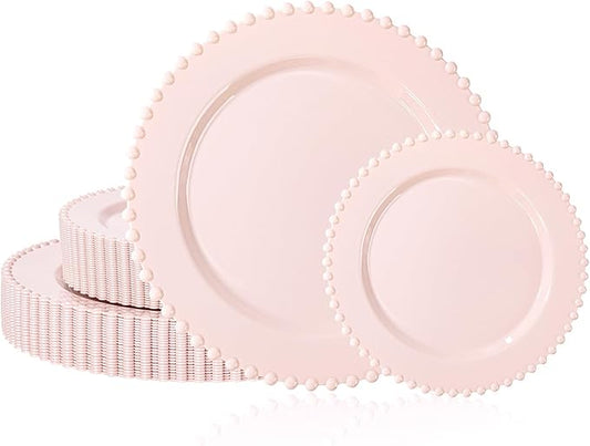 U-QE 60PCS Pink Plastic Plates - Heavy Duty Beaded Pink Disposable Plates for Party, Baby Shower, Wedding, Birthday - Serving 30 Guests Include 30PCS 10inch Dinner Plate & 30PCS 7inch Dessert Plate