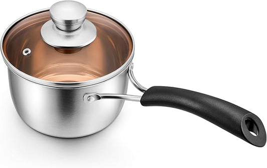 P&P CHEF 1 Quart Saucepan Small Pot, Stainless Steel Saucepan with Lid, Small Sauce Pan for Home Kitchen Restaurant Cooking, Visible Glass lid & Bakelite Heat-Proof Handles,Dishwasher Safe, 1 Pc